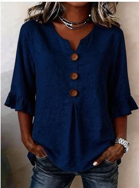 Sophia | Blusas lisas de algodón y lino con botones de madera y volantes