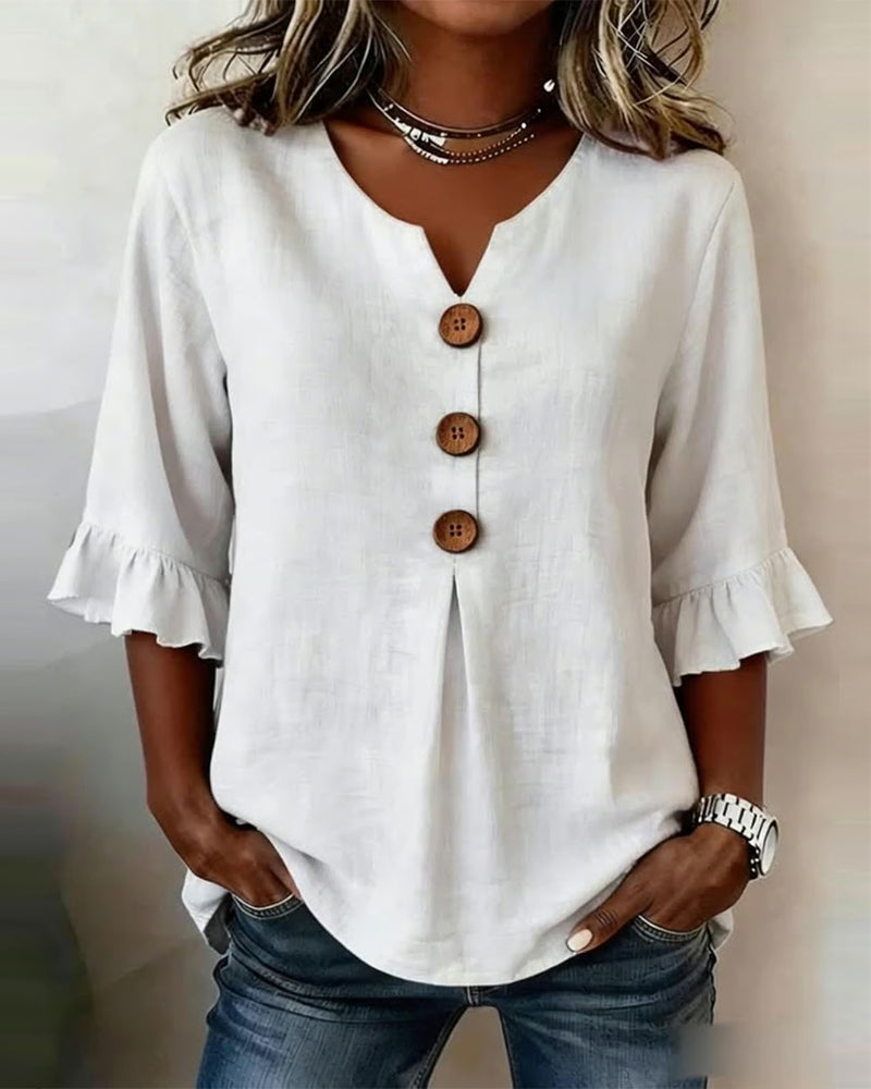 Sophia | Blusas lisas de algodón y lino con botones de madera y volantes