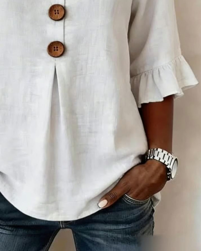 Sophia | Blusas lisas de algodón y lino con botones de madera y volantes