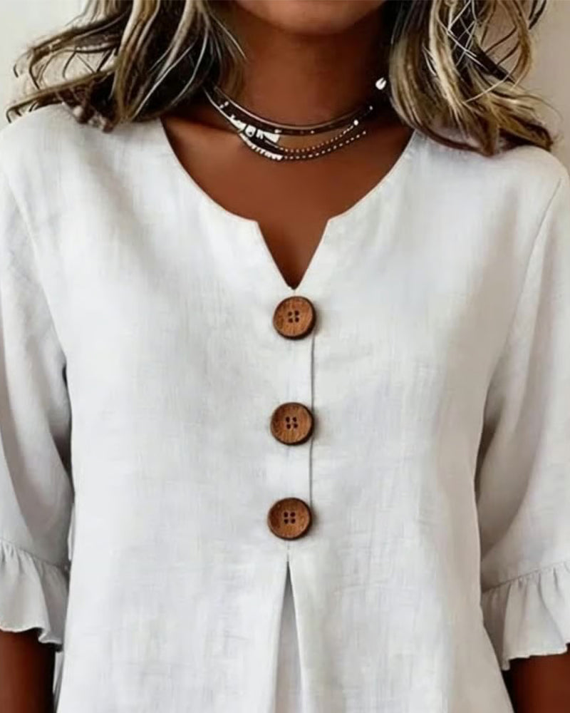 Sophia | Blusas lisas de algodón y lino con botones de madera y volantes