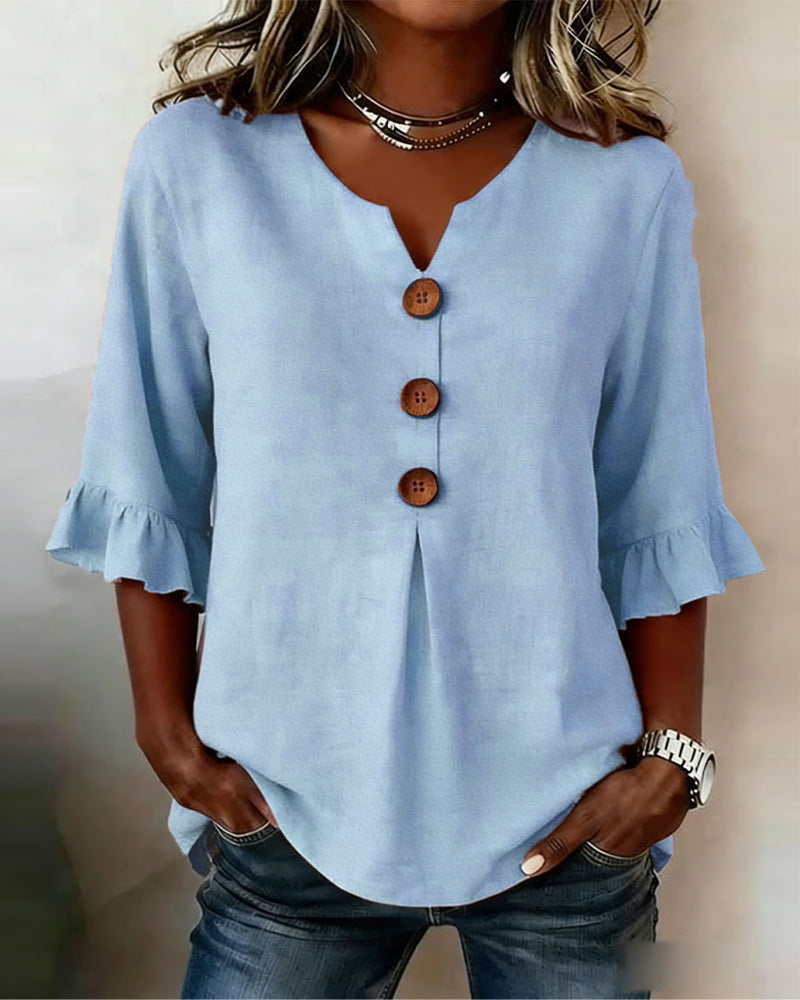 Sophia | Blusas lisas de algodón y lino con botones de madera y volantes