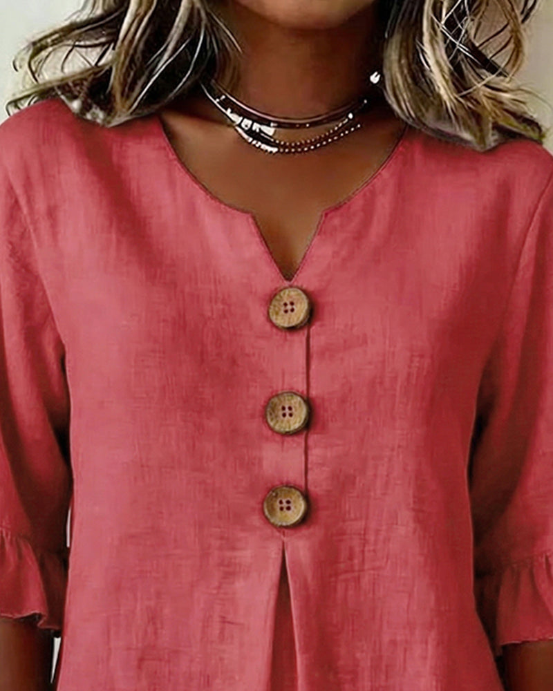 Sophia | Blusas lisas de algodón y lino con botones de madera y volantes