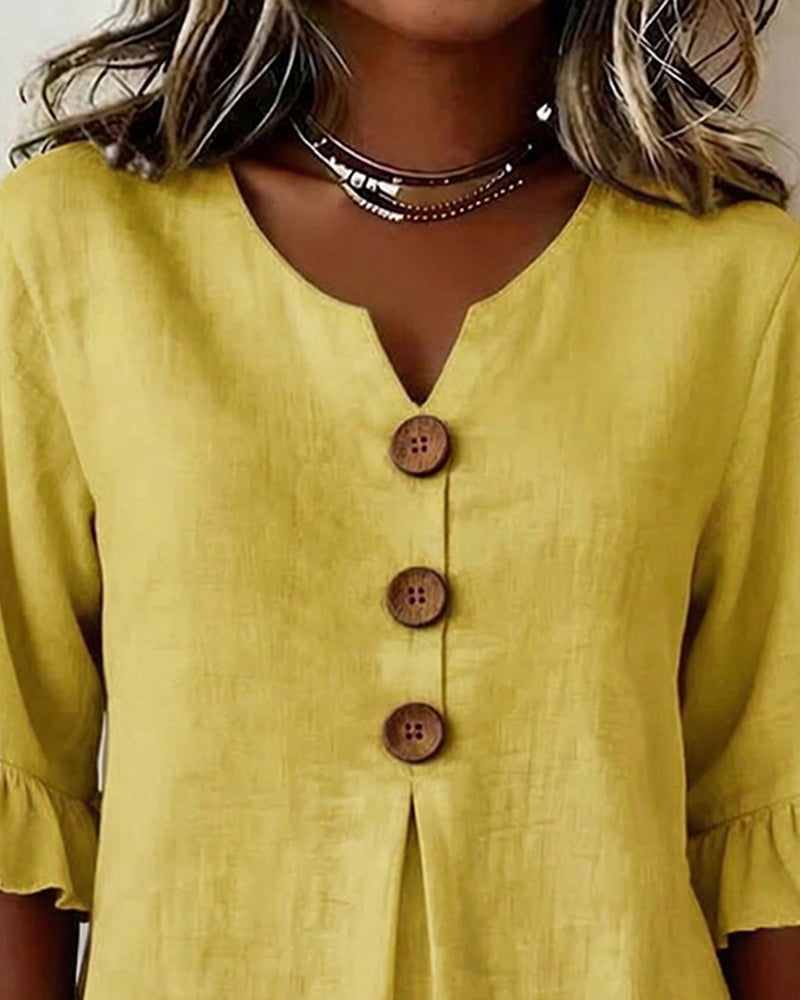 Sophia | Blusas lisas de algodón y lino con botones de madera y volantes