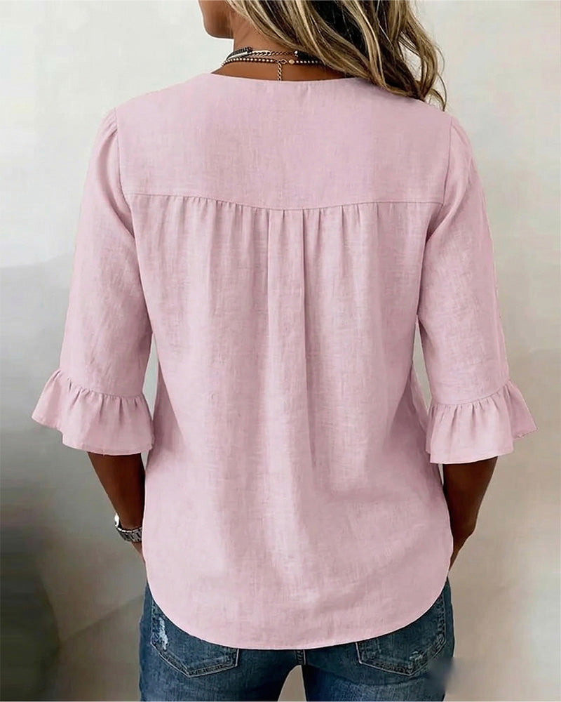 Sophia | Blusas lisas de algodón y lino con botones de madera y volantes