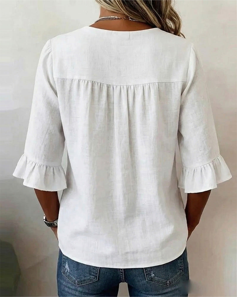Sophia | Blusas lisas de algodón y lino con botones de madera y volantes