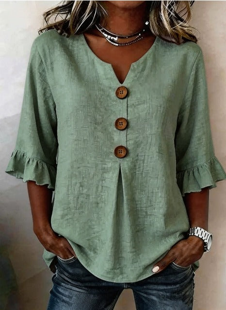 Sophia | Blusas lisas de algodón y lino con botones de madera y volantes