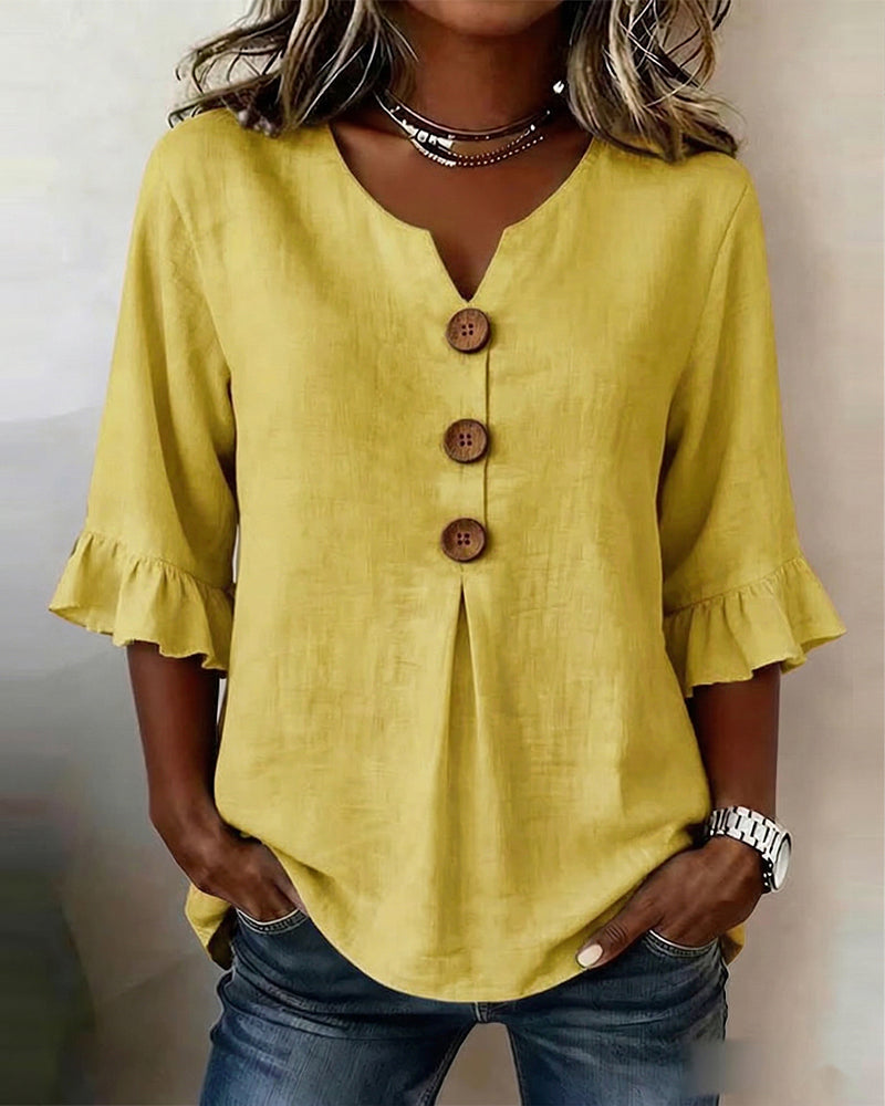 Sophia | Blusas lisas de algodón y lino con botones de madera y volantes