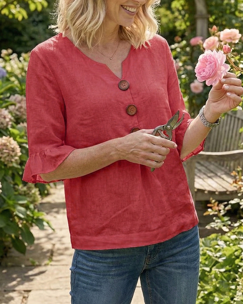 Sophia | Blusas lisas de algodón y lino con botones de madera y volantes