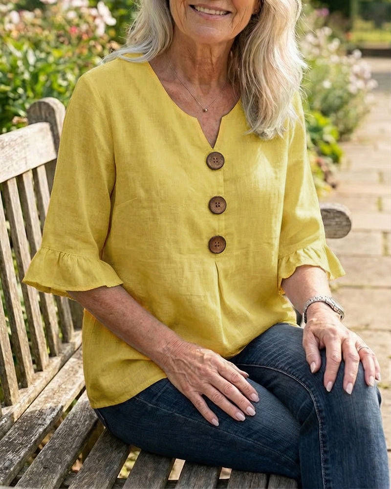 Sophia | Blusas lisas de algodón y lino con botones de madera y volantes