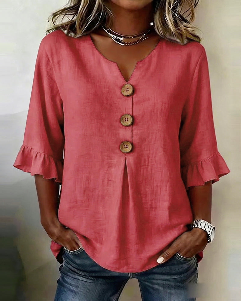 Sophia | Blusas lisas de algodón y lino con botones de madera y volantes