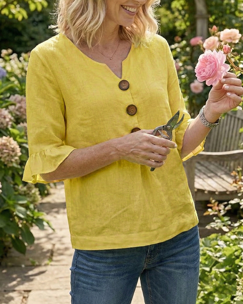 Sophia | Blusas lisas de algodón y lino con botones de madera y volantes