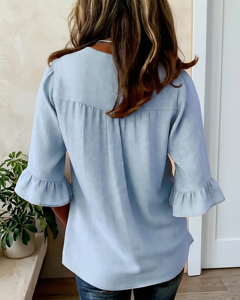 Sophia | Blusas lisas de algodón y lino con botones de madera y volantes